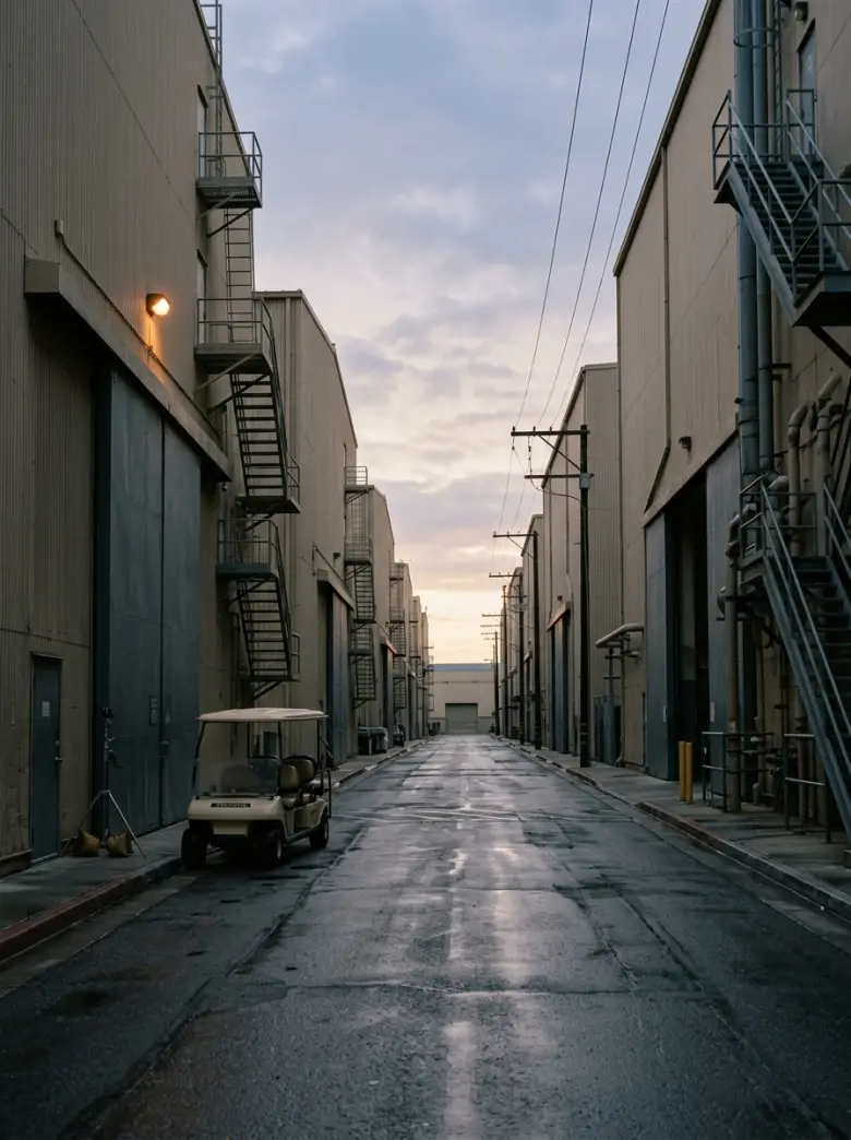 An empty studio backlot street at first light, sound stages on both sides and a golf cart parked by a stage door.